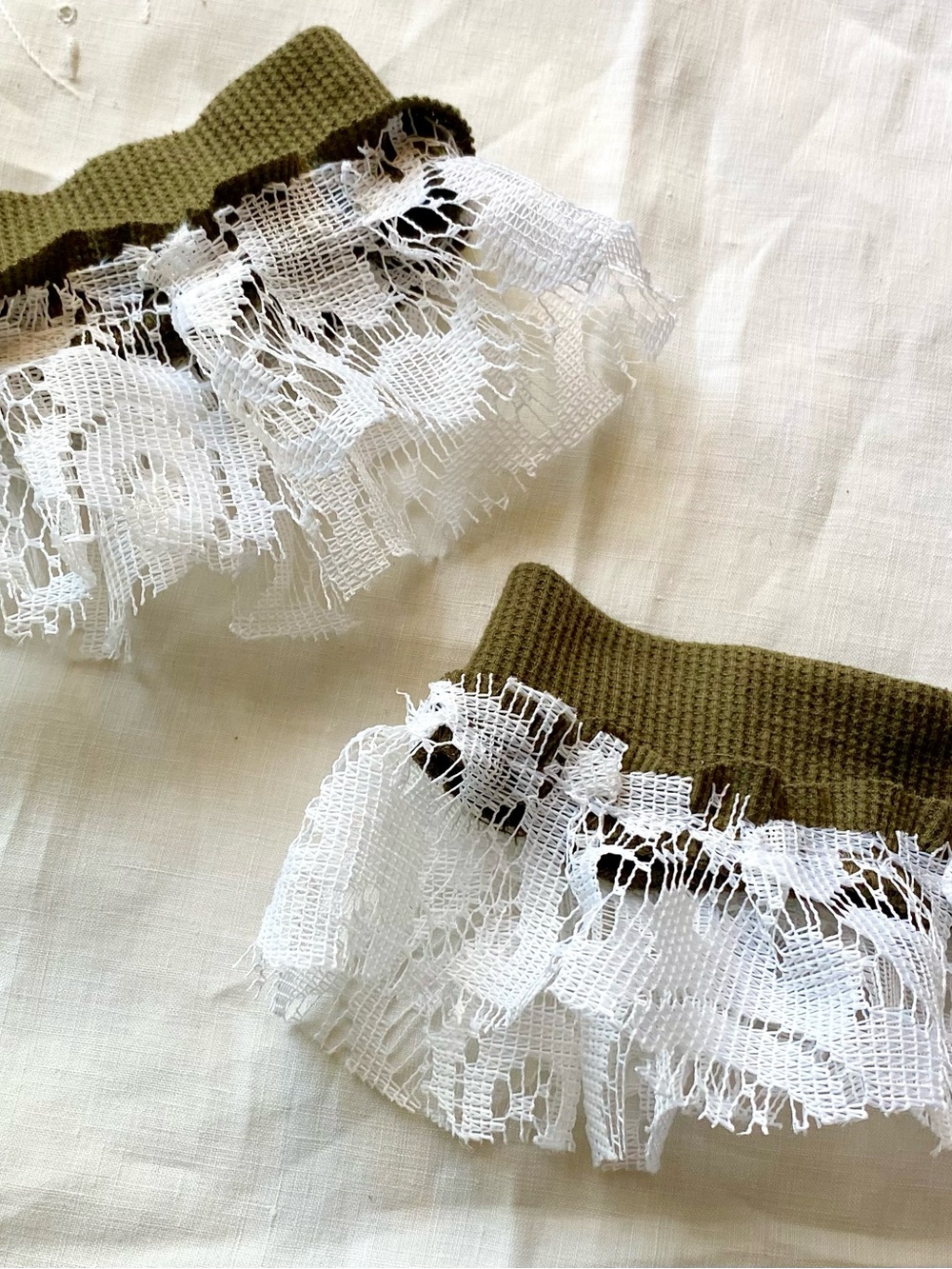 Lace Trim Olive Green arm cuffs gauntlets Upcycled